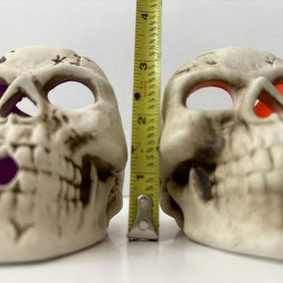 Skulls Ceramic Tea Candle Holders Set of 2 Orange/Purple Halloween Horror Goth - Picture 11 of 16